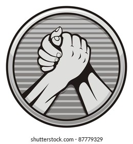 Two hands icon in arm wrestling, gray round medal isolated on white background.