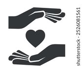 Two hands icon are positioned to cradle a heart symbol, representing the spirit of giving and kindness during the holiday season, emphasizing charitable donations and support.