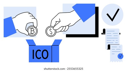 Two hands inserting Bitcoin and Dollar coins into an ICO box. A checkmark symbol and documents are also present. Ideal for cryptocurrency investments, ICOs, blockchain technology, digital finance