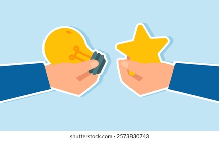 Two hands intending to exchange items, the first hand holds a lamp and the second holds a star, illustration of an idea to improve business quality