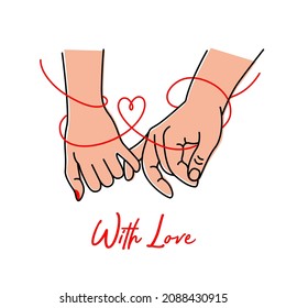 Two hands with interlocked or intertwined fingers hand drawn by black contour lines on white background. Vector illustration.