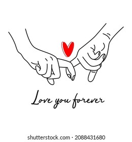 Two hands with interlocked or intertwined fingers hand drawn by black contour lines on white background. Vector illustration.