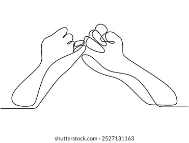 Two hands interlocking pinky fingers in one continuous line drawing. Minimalist design for friendship and promises. Hand-drawn illustration for connections.