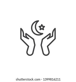 Two hands with islamic moon and star line icon. linear style sign for mobile concept and web design. Praying hands outline vector icon. Symbol, logo illustration. Vector graphics