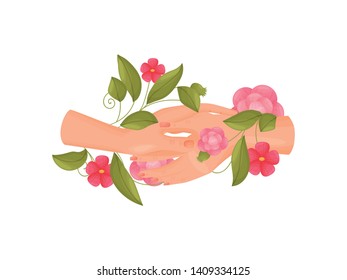 Two hands are joined. Decorated with leaves and flowers. Vector illustration on white background.