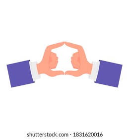 The two hands are joined together through the thumbs and index fingers. Vector illustration, flat cartoon design isolated on white background, eps 10. Concept: frame, window, border, focus.