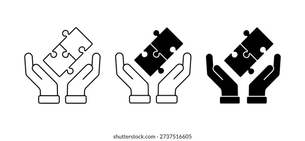 Two hands joining puzzle pieces vector set. Business solution and partnership illustration