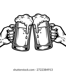 Two hands joyfully raise and clink mugs overflowing with bubbly, delicious beverage in a vintage style.