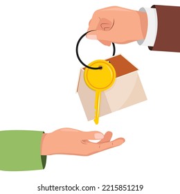Dos manos con una llave de la casa. Renta, compra, ilustración del concepto de préstamo hipotecario.