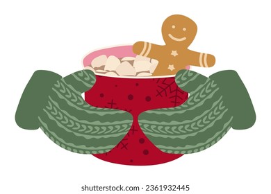 Two hands in Knitted mittens holding cup with Hot Chocolate drink. Warming cacao with Cookie and Marshmallow. Vector Flat illustration for greeting card, print, Christmas Holiday decoration.