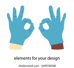 TWO hands in latex gloves isolated on a white background. Vector illustration. gesture ok