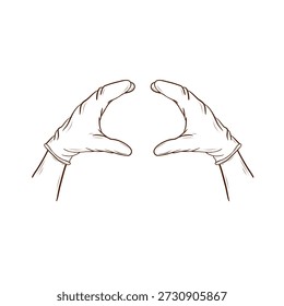 Two hands in latex gloves, positioned as if holding a burger. Vector illustration in a line art style, brown lines, isolated on a white background. Suitable for menus, packaging, logos, fast food, hygiene instructions, culinary projects, and advertising materials.