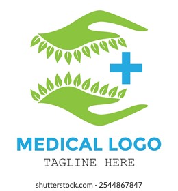 Zwei Hände und Blattsafe mit medizinischem Healthcare-Logo-Design