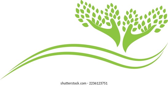 Two hands and leaves, gardener and naturopath background