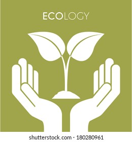 Two hands with leaves on green background, Vector Illustration