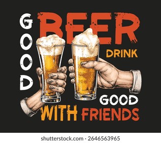 Duas mãos levantam copos de cerveja espumosa incorporando a alegria de compartilhar bons momentos com amigos. A atmosfera casual melhora a experiência de amizade e relaxamento.