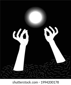 two hands and light in the dark, abstract, art, mysterious, simple vector, radiance, rum, erratic, eccentric, weird, black and white