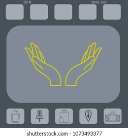 two hands line vector icon on a gray cine-film background. Flat design style