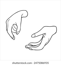 Two hands in line vector illustration isolated. Women hands black white graphic drawn. Ink silhouette hands painted. For use in art, design, and creative projects, pottery workshop