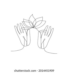 Two hands with a lotus drawn by one line. Symbol of Buddhism, Yoga, Hinduism, Spirituality. Yoga mudra. Black and white vector illustration.