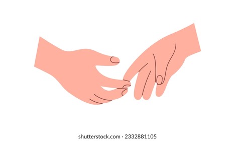 Two hands, love couple fingers touching together. Shy timid tender romantic date, man and woman partners. Affection, fondness, romance concept. Flat vector illustration isolated on white background