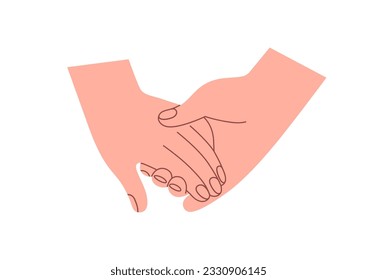 Two hands of love couple holding together, touching. Romantic partners, man and woman. Togetherness, partnership, tenderness, support concept. Flat vector illustration isolated on white background