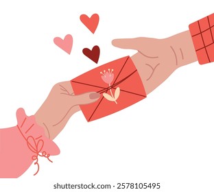 Two hands in love man and woman stretching out an envelope with a love letter. Concept of relationship, love. Vector Valentine's Day greeting card. For poster, business card, invitation, flyer, banner