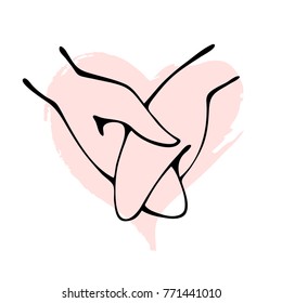 Two hands of lovers in the shape of the heart. Vector image of hand-drawn isolated on white.