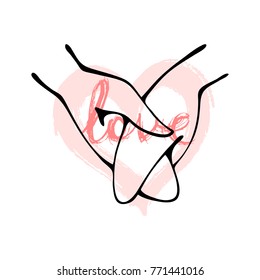 Two hands of lovers in the shape of a heart with an inscription. Vector image of hand-drawn isolated on white.