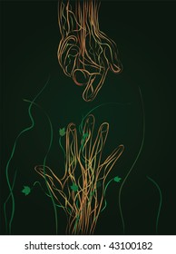 Two hands made of vines on dark green background