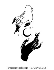 Dos manos en una composición mágica con una luna creciente. Elementos negros sobre un fondo blanco