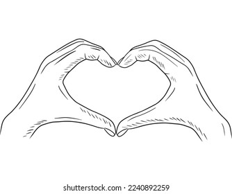 Two hands make heart shape in black isolated on white background. Hand drawn vector sketch illustration in doodle engraved vintage outline style. Love concept, happy Valentines day, support, hope