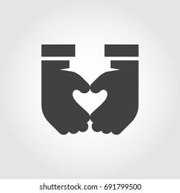 Two hands make a heart shape. Black flat icon symbolizing love, romance, relationships, friendship, life. Finger gesture label. Vector illustration