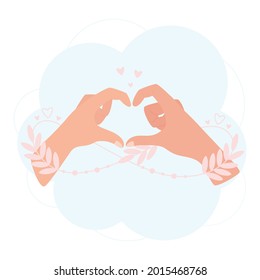 Two hands making a heart with fingers. An abstract infinity shape leafy sprout entwines their arms. In love concept illustration. 