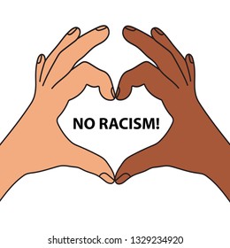 Two hands making heart sign. No racism. Motivational poster against racism and discrimination