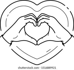 Two hands making a heart sign. Vector outline icon.