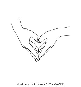 Two hands making heart sign continuous line drawing, social help service, love and volunteering, hands showing heart gesture, single line on a white background, Vector line art illustration with heart