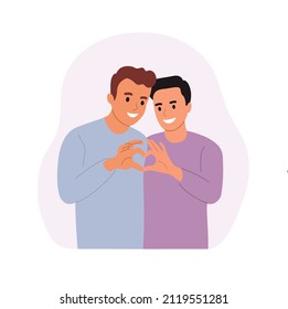 Two hands making heart sign. Valentines day. Happy homosexual men couples. Vector flat style cartoon illustration