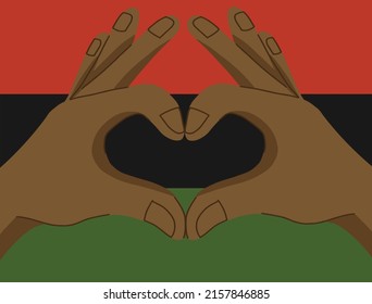 two hands making heart sign gesture with fingers on African red black green flag background. Vector illustration in simple flat cartoon style. Black history month, Juneteenth, kwanzaa celebration.