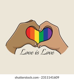 Dos manos haciendo ilustración vectorial de signo cardíaco. Bandera del orgullo LGBT o bandera del arcoiris sobre fondo cardíaco.