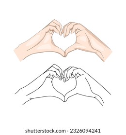 Two hands making a heart sign. Flat and line style isolated vector illustration.