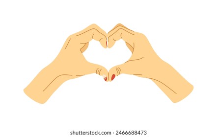 Two hands making heart sign isolated on a white background. Love, romantic concept. Colorful male manicure, trendy nails. Vector illustration. Positive and funny nail art design.