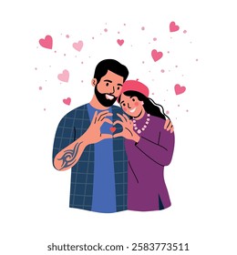 Two hands making heart sign. Valentines day. Happy loving couple. Vector flat style cartoon illustration