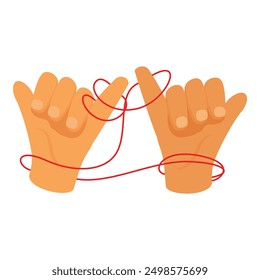 Two hands making pinky promise with red thread connecting them symbolizing commitment and unbreakable bond