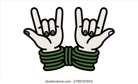 Two hands making rock on gesture with green striped cuffs and green painted fingernails rock and roll
