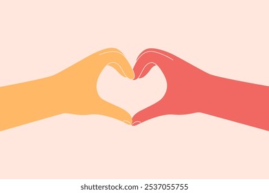 Two hands Male and female connect and make heart shape by fingers. Adult Different skin arms showing like gesture. Interracial love relationship and friendship. Vector illustration