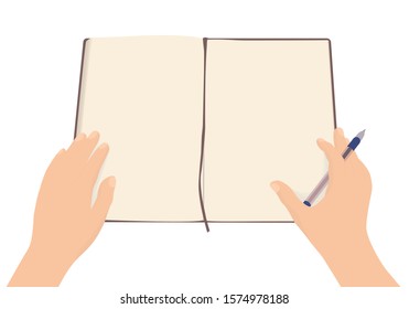 Two hands, male or female, lie on an open notebook with blank pages. Pen in the right hand. Top view. Isolated on white background