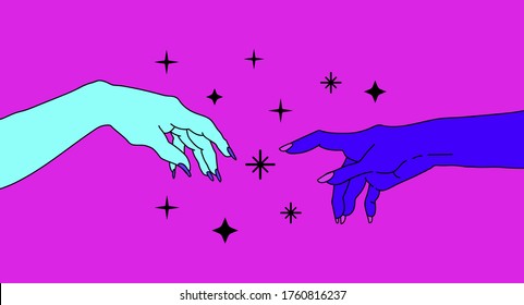 Two hands with manicure is going to touch together. The Creation of Adam with Woman's hands in Old school (tattoo) style.