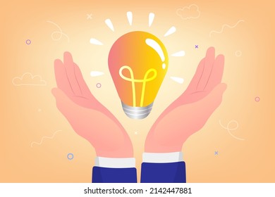 Two hands manifesting a light bulb as symbol of finding a new option or solution. Concept of idea. Light bulb in hand. Electricity and energy saving. Vector Illustration.