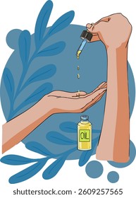Two hands manipulating oil in a pipette.
Vector illustration.